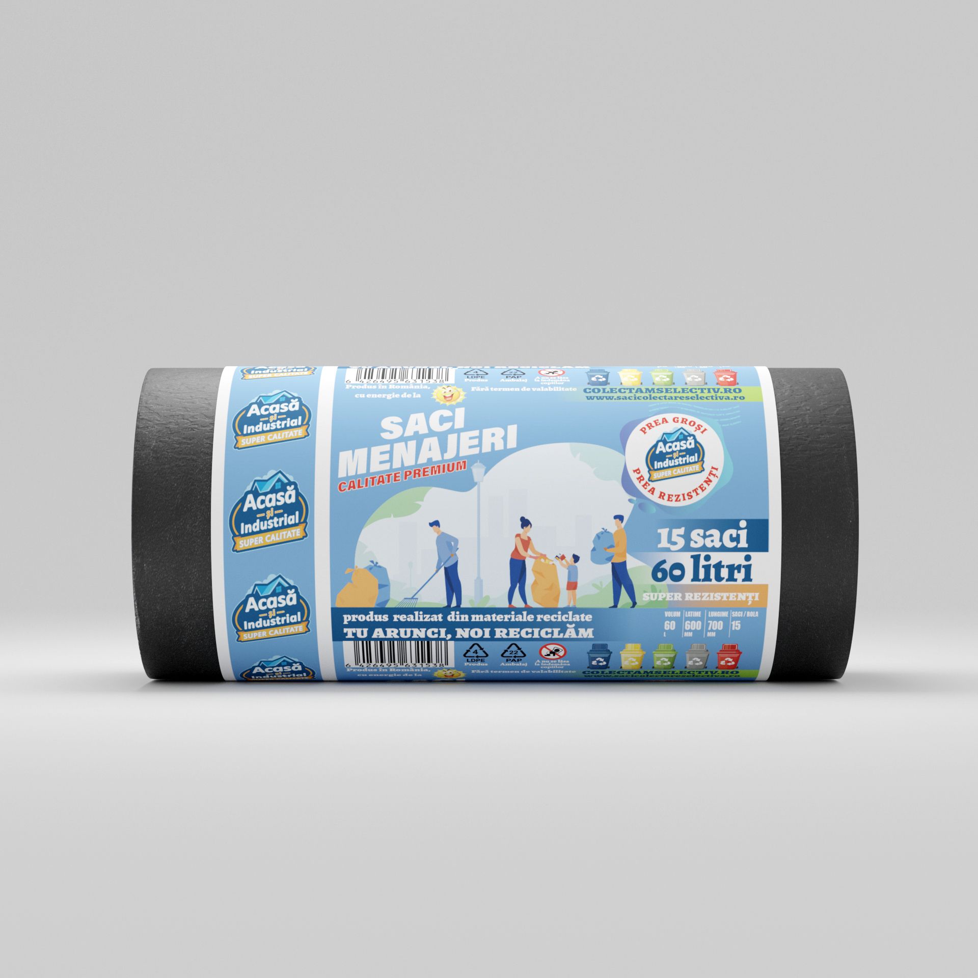 Saci menajeri 60L negru 15 saci/rola Acasa si Industrial Nou