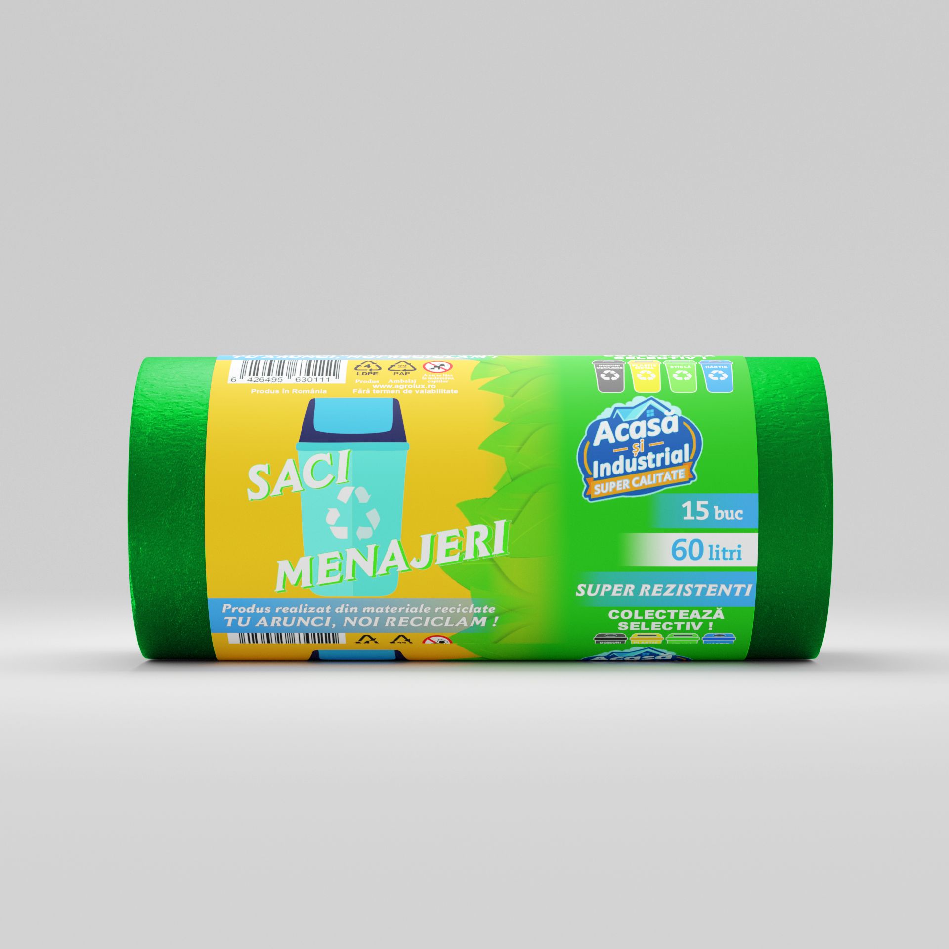 Saci menajeri 60L verzi 15 saci/rola Acasa si Industrial