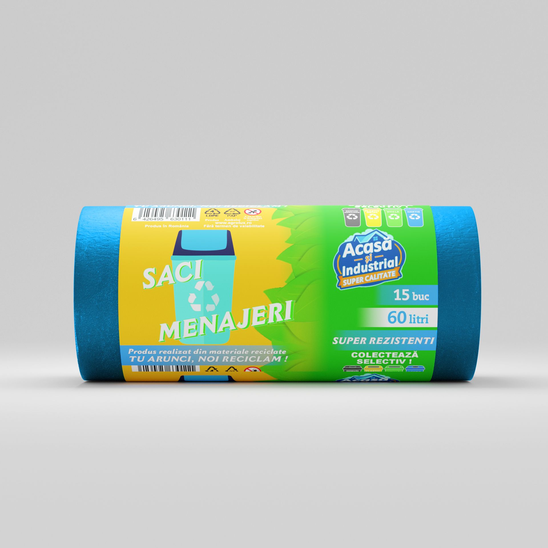 Saci menajeri 60L albastru 15 saci/rola Acasa si Industrial